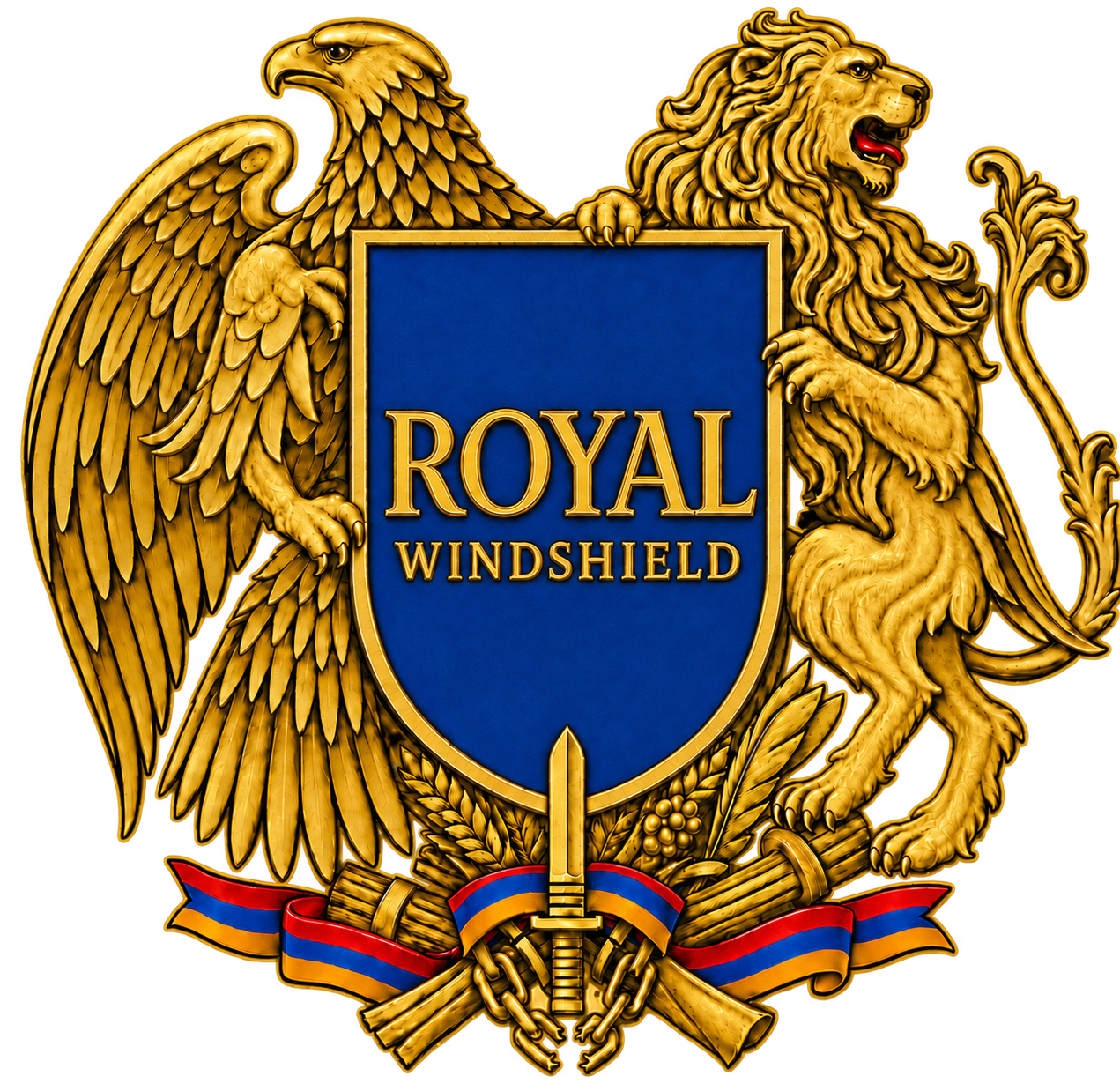 Royal Windshields gold eagle and lion crest with Royal Windshield lettering on a royal blue shield